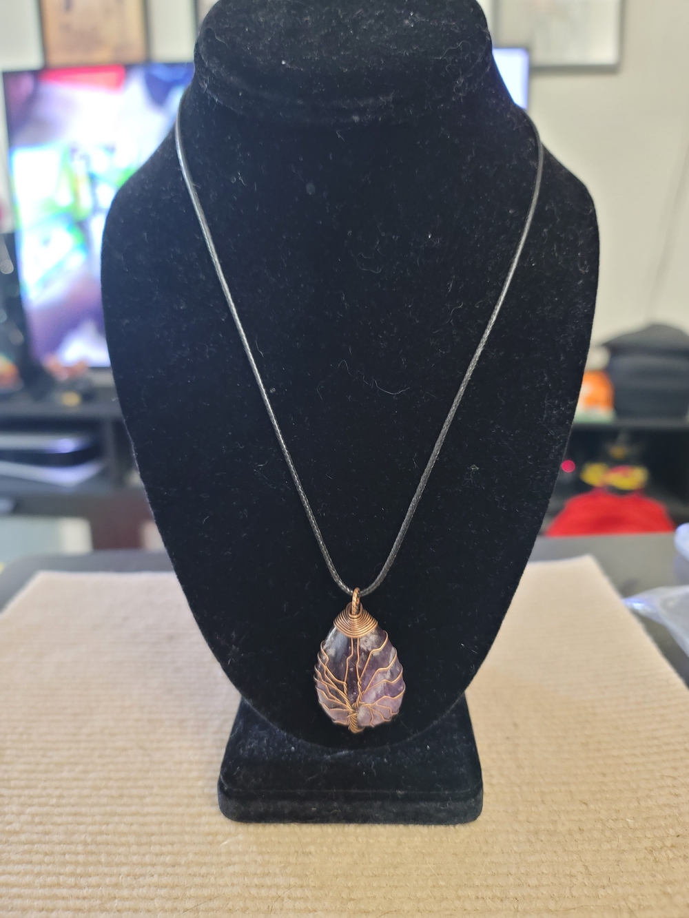 Purple Agate Teardrop Necklace with Gold Wire Wrap
